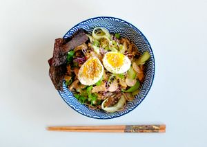 Japanese soba salad with pickled mushrooms