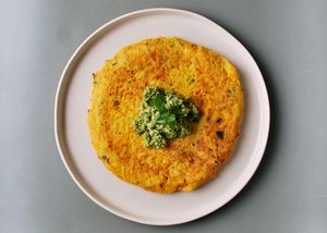 Quick chickpea and pumpkin pancake with coriander chutney